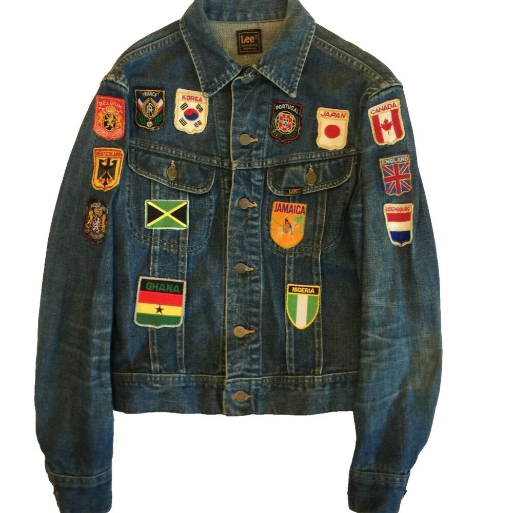 VINTAGE 70s LEE DENIM JACKET MENS M 39"x23" SOUVENIR FLAG PATCHES MADE IN USA
